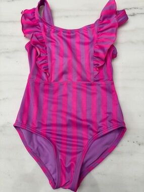 Cat and Jack size 4/5 Striped One-Piece Swimsuit in Hot Pink & Purple.  Like new